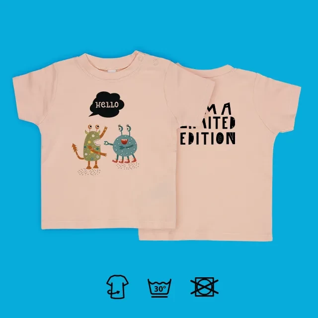 Babyshirt bedrucken lassen bei ORWO. Das Shirt ist bei 30°C waschbar und sollte auf links gedreht gewaschen werden. Es ist sehr hochwertig und langlebig.