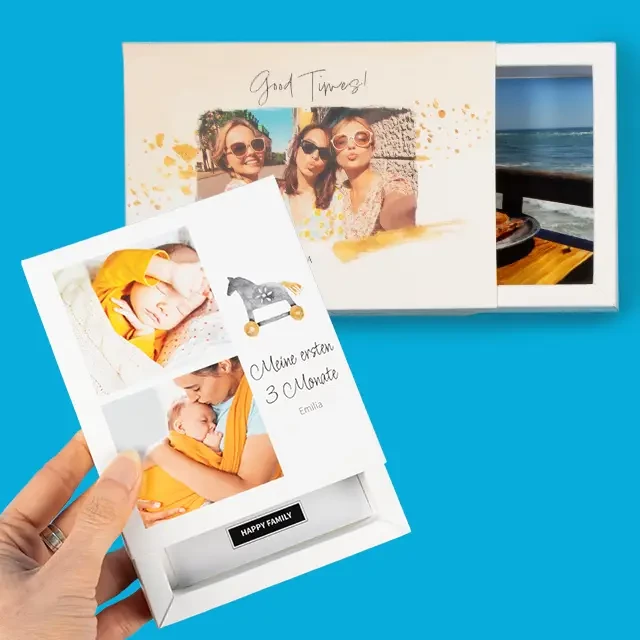 Bilderbox für bis zu 100 Fotos der Größe 10x15 cm oder für 60 Retrofotos bei ORWO bestellen, um deine Lieblingsfotoabzüge sicher und stylisch zu verstauen.