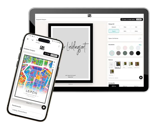 Design Geschenke online gestalten – an Handy und Tablet Design Geschenk online gestalten am Tablet und Smartphone – Stadtkarte Leipzig und Typografie Poster
