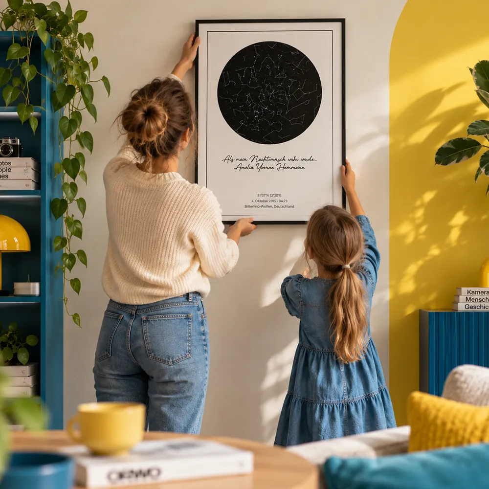 Sternenkarte zur Geburt gemeinsam aufhängen Mutter und Tochter hängen personalisierte Sternenkarte zur Geburt an die Wand