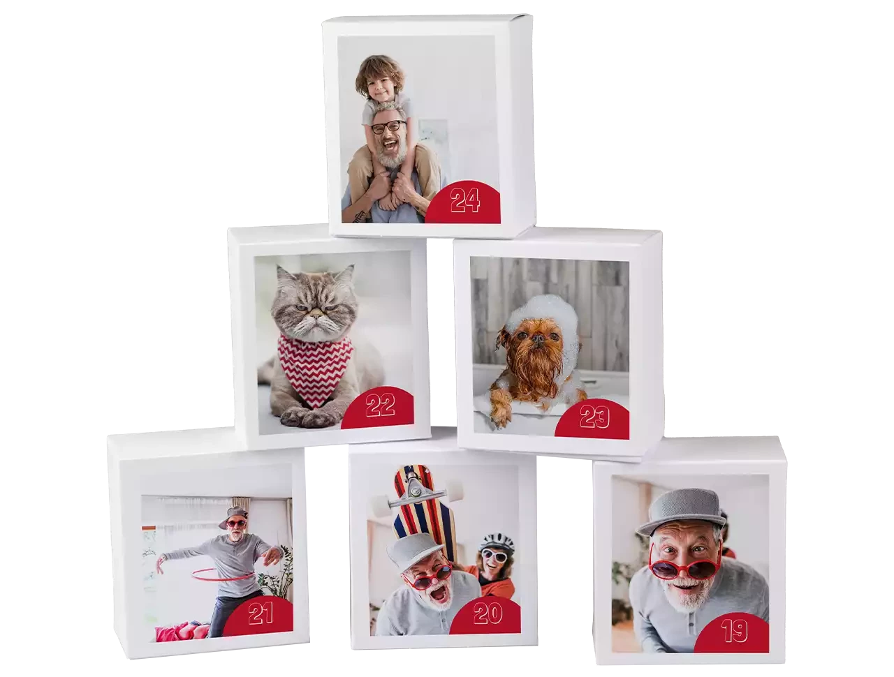 Foto-Adventskalender mit Boxen und Stickern DIY-Adventskalender selbst gestalten. Deine Fotos als Sticker zum Bekleben.