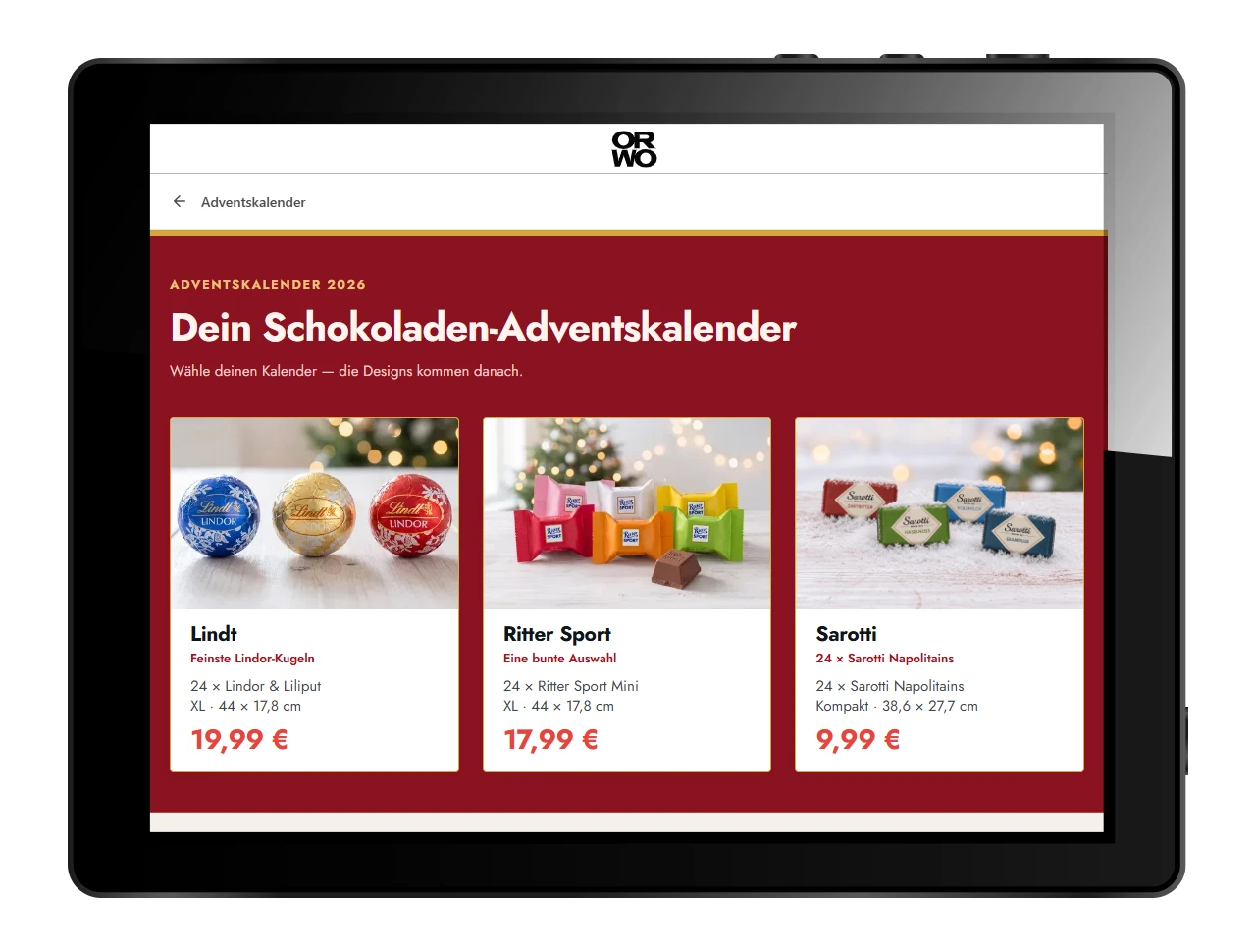 Schokoladen-Adventskalender auswählen Auswahl verschiedener Schokoladen-Adventskalender von Lindt, Ritter Sport und Sarotti im ORWO Onlineshop