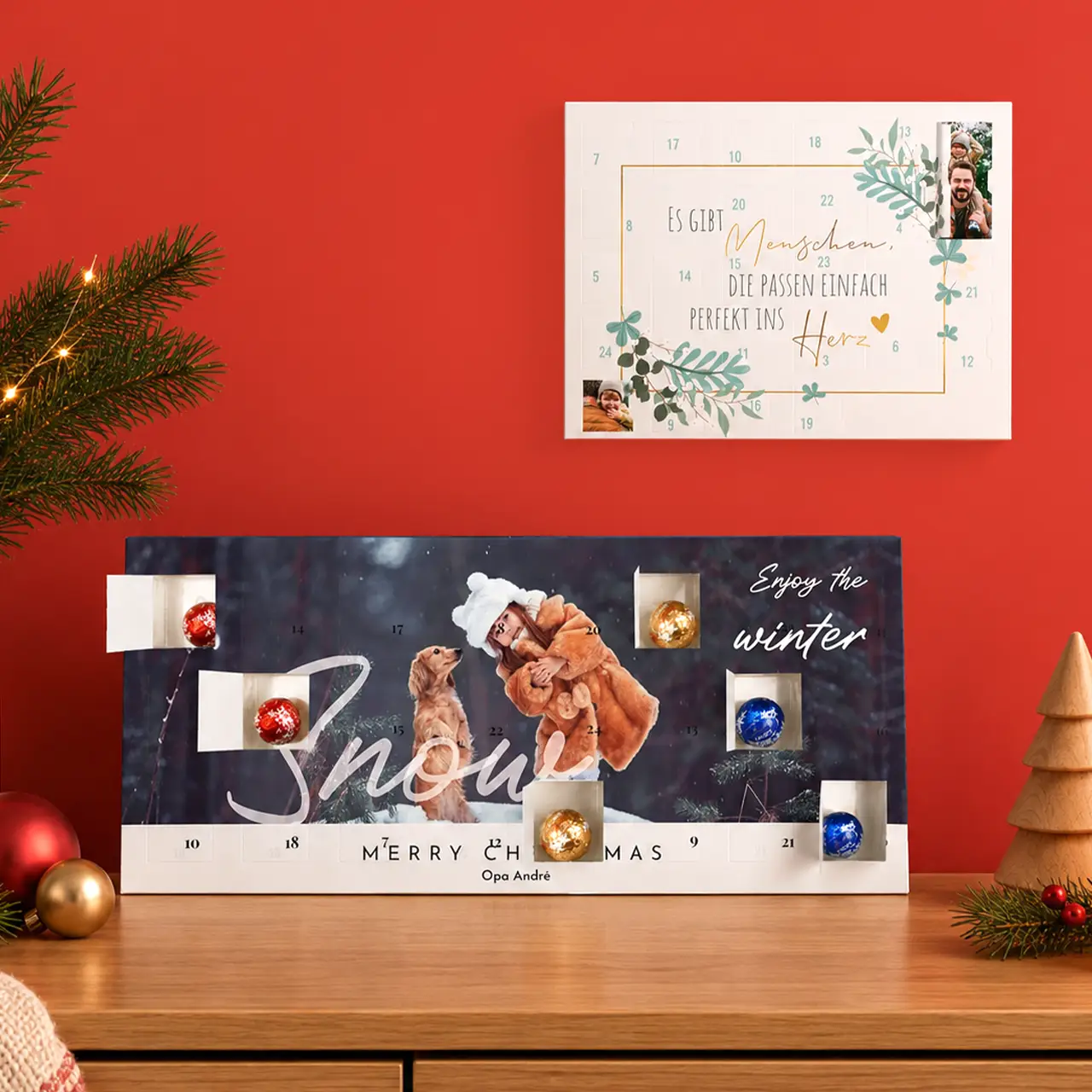 Foto-Adventskalender mit Schokolade Personalisierte Foto-Adventskalender mit eigenen Bildern und Schokolade hinter den Türchen