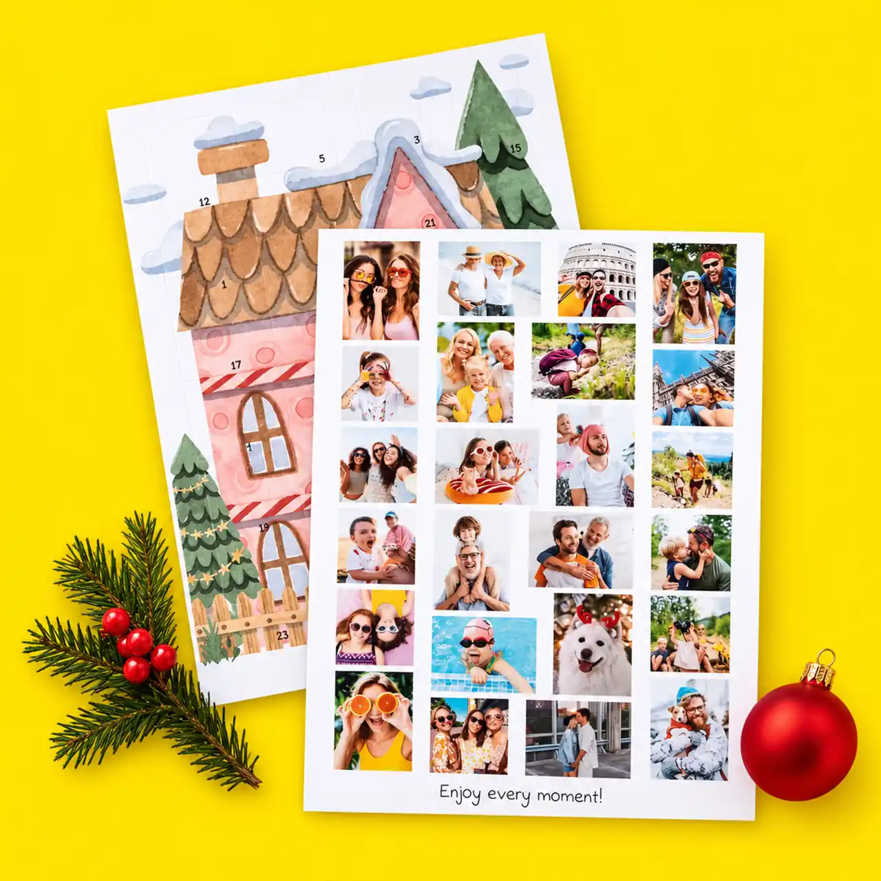 Foto-Adventskalender mit Fotocollage Foto-Adventskalender mit Weihnachtsdesign und Collage aus persönlichen Fotos