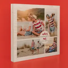 Dein Foto auf Holz bestellen: Quadratische Holzplatte mit einer Collage aus vier Bildern, individuell mit Schriftzug personalisiert, 10 mm dicke Platte.