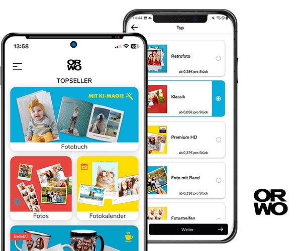 Fotoabzüge bequem mit der ORWO App bestellen. Smartphone-Ansicht mit Auswahl verschiedener Fotoabzüge und Fotoprodukte.