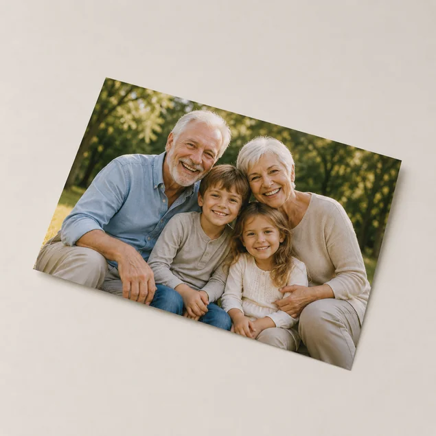Klassischer rechteckiger Fotoabzug mit Freundesgruppe, ausbelichtet auf hochwertigem Fotopapier – gemeinsame Momente festgehalten.