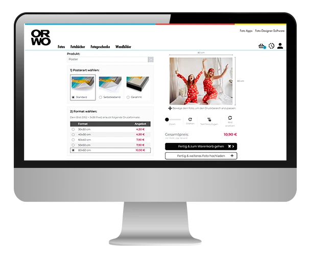 Computerbildschirm zur Erstellung eines Fotocollage Posters mit verschiedenen Formatoptionen im ORWO Webshop