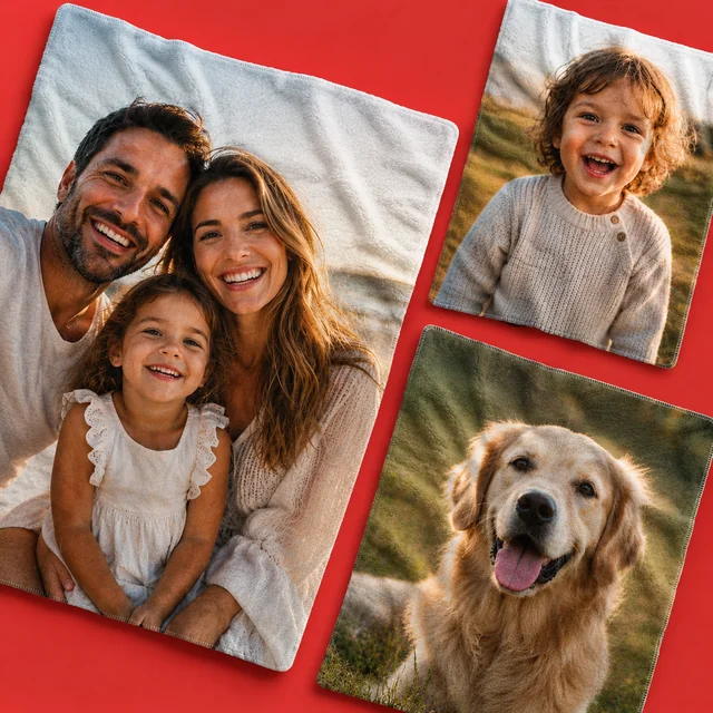Drei Fotodecken in verschiedenen Größen mit Familien-, Kinder- und Hundemotiv auf rotem Hintergrund.