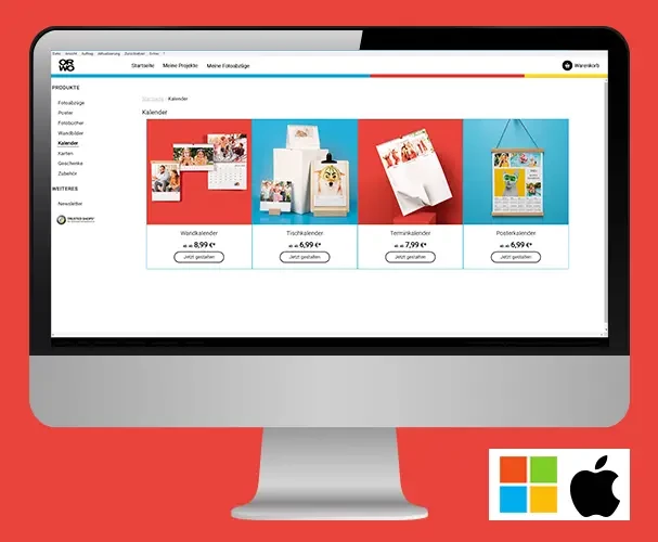Fotokalender kinderleicht und schnell via Software erstellen Ein Monitor mit geöffnetem ORWO-Fotodesigner mit der Auswahl verschiedener Kalenderarten. Der Fotodesigner ermöglicht das Kalender-selbst-gestalten auch offline.