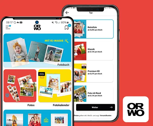 Jetzt die ORWO FOTO-App downloaden und Fotos online bestellen oder Bilder an unseren WhatsApp Bot schicken, um schnell die hochwertigen Fotos zu erhalten.