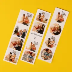 Drei Fotostreifen mit denselben Bildern aber unterschiedlichen Design-Vorschlägen zu Format, Rahmen und liebevollen Botschaften. Ausbelichtet auf echtem Fotopapier.