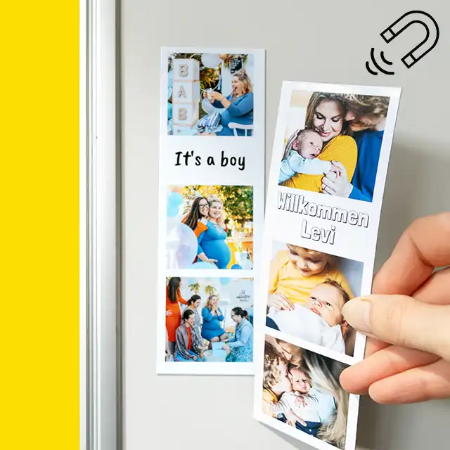 Zwei magnetische Fotostreifen mit deinen Bildern. Die Mini Fotos sind perfekt geeignet, um dein Whiteboard oder Kühlschrank zu verschönern.