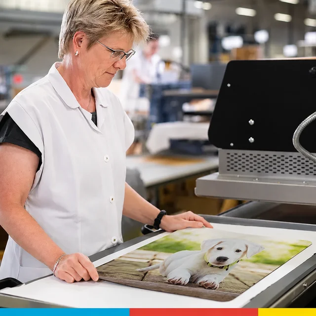 Mitarbeiterin in der ORWO-Produktion legt eine Fußmatte mit dem Foto eines Hundes in die Sublimationspresse – so wird dein Foto hochwertig auf die Fußmatte gedruckt.