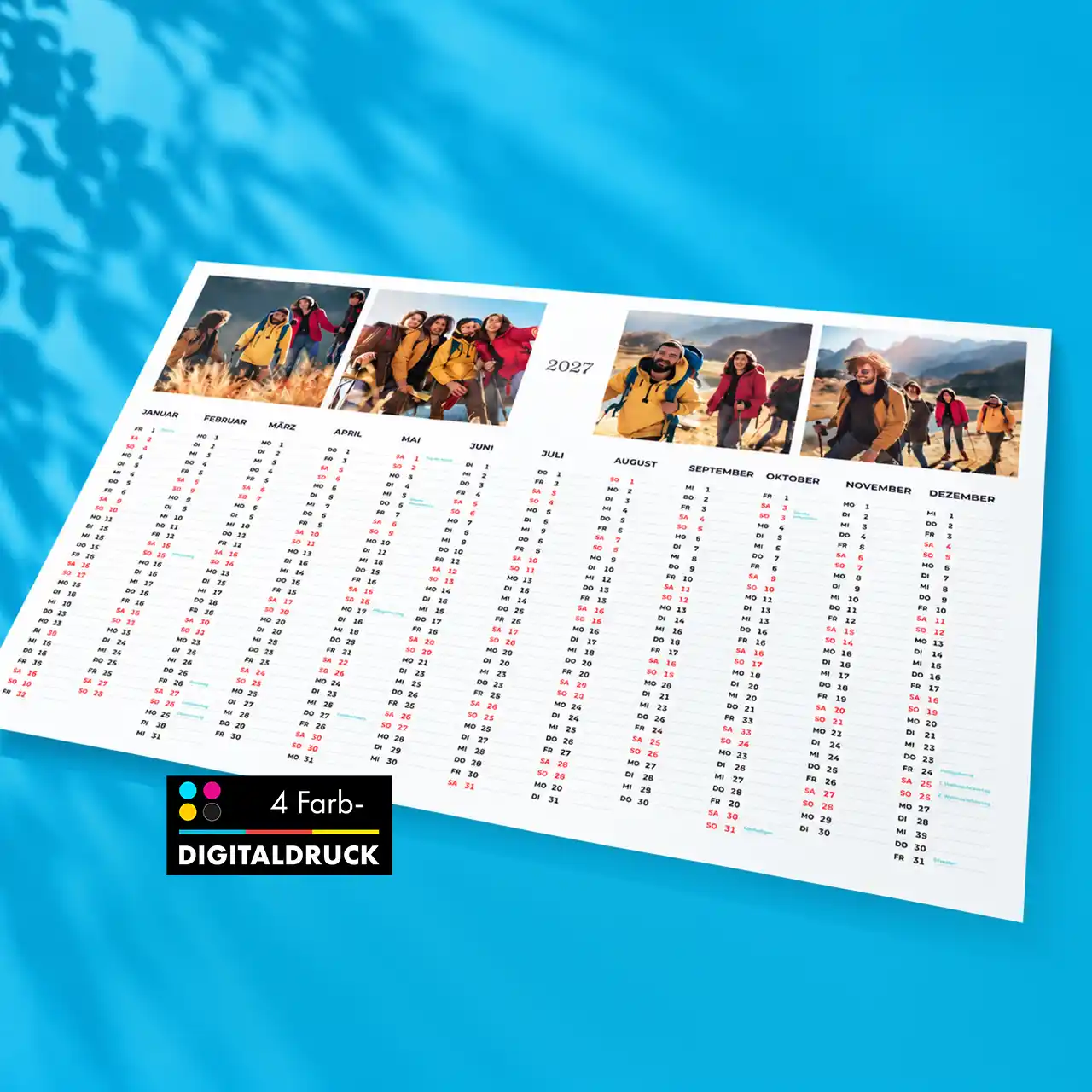 Individuell gestalteter Jahreskalender mit mehreren Gruppenfotos von Wanderungen in den Bergen.