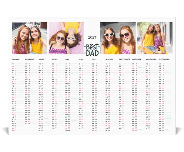 Personalisierter Jahreskalender mit vier Fotos von zwei Freundinnen und dem Schriftzug „Best Dad"