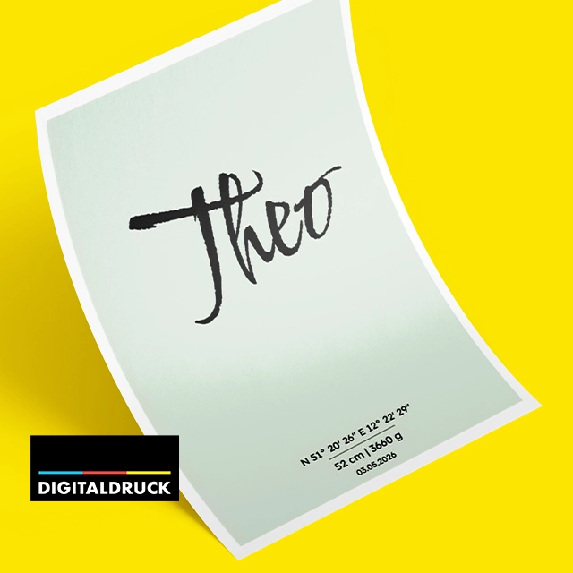 Poster mit Namen und Geburtsdaten selbst gestalten Personalisiertes Poster mit dem Namen „Theo“, Geburtsdatum, Gewicht und Koordinaten im Digitaldruck.