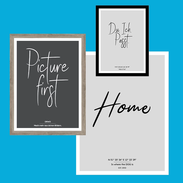 Poster selbst gestalten mit Text und Sprüchen Drei personalisierte Poster mit Text, Sprüchen und Koordinaten in unterschiedlichen Designs und Rahmen.