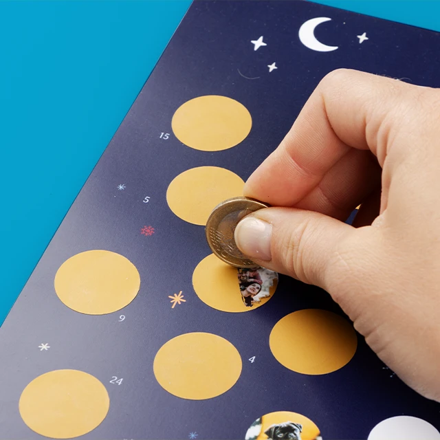 Rubbellos Adventskalender mit Fotos in Detailansicht. Felder freirubbeln und Bilder entdecken.