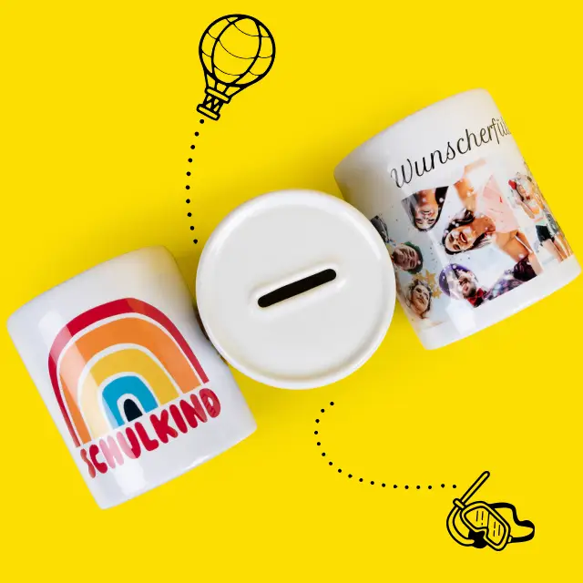 Spardose selbst gestalten nach eigenen Vorstellungen. Maximal persönlich mit Fotos oder farbenfroh mit Schulkind-Vorlage und Namen? Deine Entscheidung.