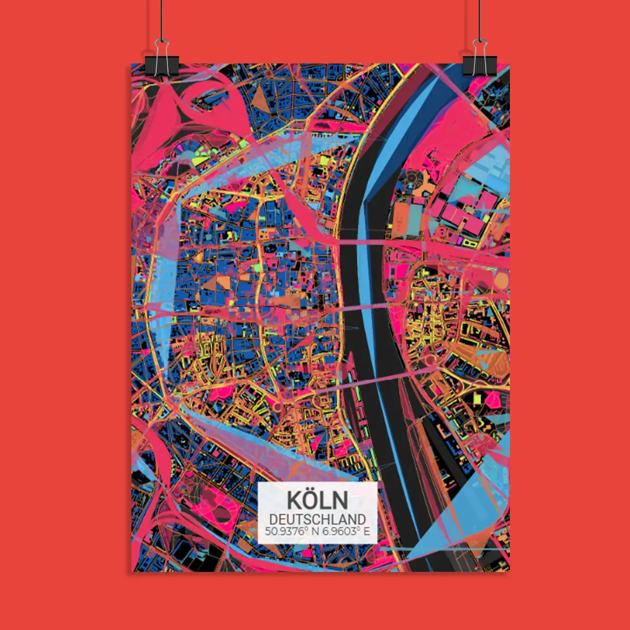 Personalisierte Stadtkarte von Köln in farbenfrohem Design mit Stadtname und geografischen Koordinaten.