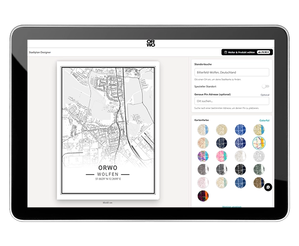 Personalisierte Stadtkarte im ORWO Editor gestalten. Standort suchen, Lieblingsort markieren und Kartendesign individuell auswählen.