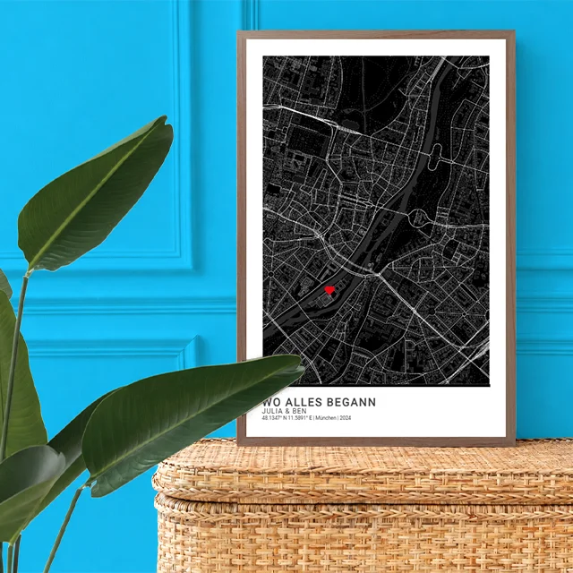Stadtkarte „Wo alles begann“ als Geschenk für Paare Personalisierte Stadtkarte „Wo alles begann“ als Geschenk für Paare mit markiertem Lieblingsort, Namen, Datum und Koordinaten.