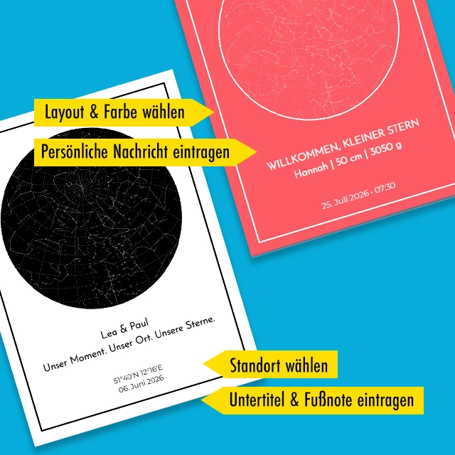 Personalisierte Sternenkarte mit Wunschtext und Design Personalisierte Sternenkarte in verschiedenen Designs mit persönlicher Nachricht und Standort