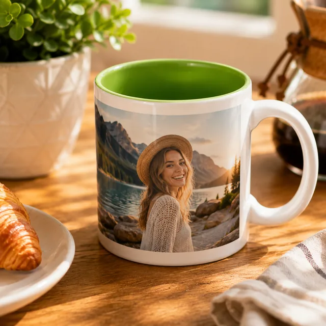 Tasse mit farbiger grüner Innenseite und persönlichem Fotomotiv auf einem Frühstückstisch – individuelle Fototasse von ORWO.