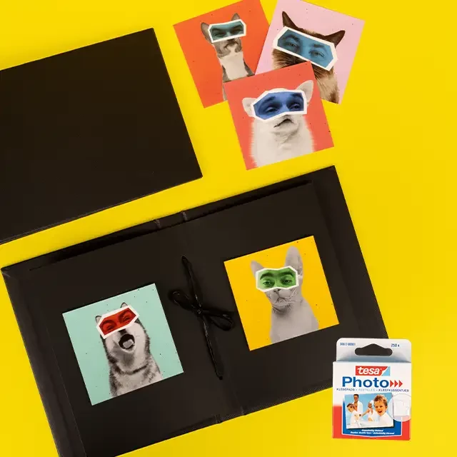 Geöffnete Fotoalben, Fotos und Photopads auf gelbem Untergrund arrangiert.
