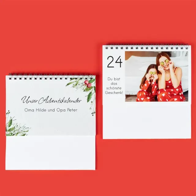 Tisch-Adventskalender mit personalisierbarem Design, ideal als Geschenk für die Adventszeit.