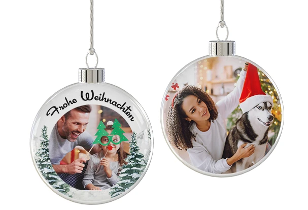 Personalisierte runde Christbaumkugeln mit weihnachtlichen Fotomotiven. Deine Fotoprodukte den Tannenbaum.