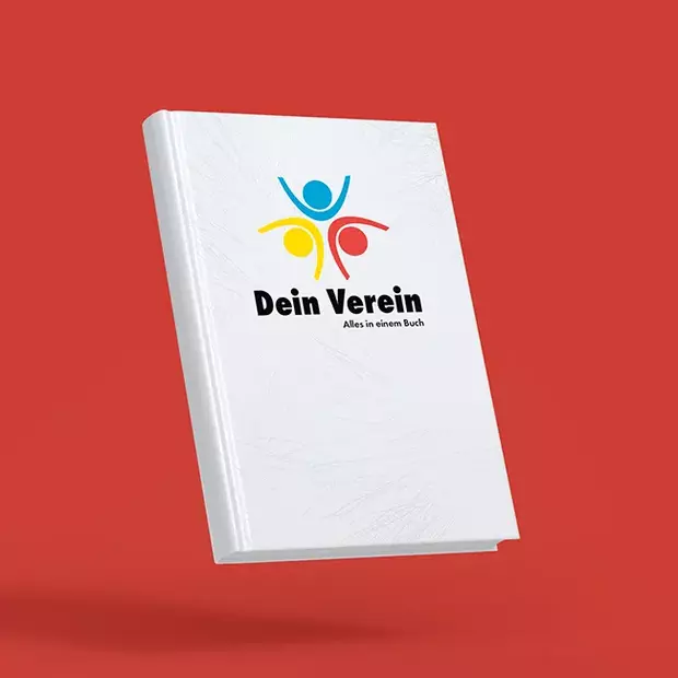Vereins-Jahrbuch für Sport- und Musikgruppen Weißes, geschlossenes Vereins-Jahrbuch mit Schrift „Dein Verein – Alles in einem Buch“, roter Hintergrund.