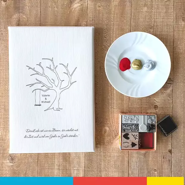 Fingerabdruck Leinwand Hochzeit, als Blattansicht, bunt Kreative Fingerabdruck Leinwand Hochzeit, ein wunderbares Geschenk fuer den emotionalen und wichtigen Tag im Leben. Grosse Auswahl an verschiedenen Designs.