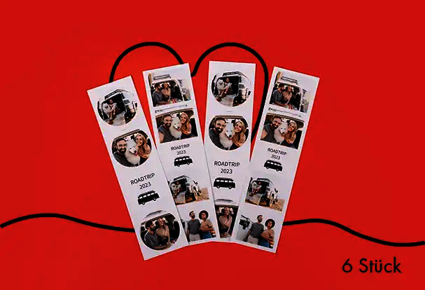 Sechs personalisierte Fotostreifen mit mehreren gemeinsamen Paarfotos als kreatives Valentinstag Fotogeschenk