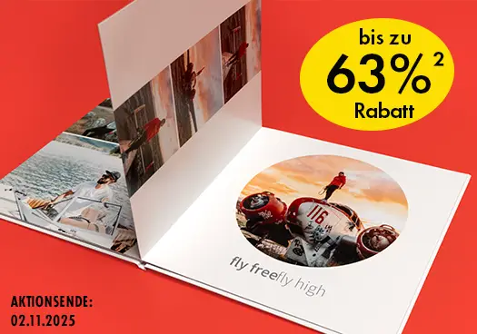 Offenes ORWO Fotobuch mit kreativen Bildern und rundem Layout, Rabattaktion bis zu 63 %