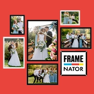 Elegante Bilderwand, fix und fertig gerahmte Hochzeitsfotos. Schwarze und weiße Rahmen sorgen für harmonische Abwechslung und stilvolle Präsentation besonderer Momente.