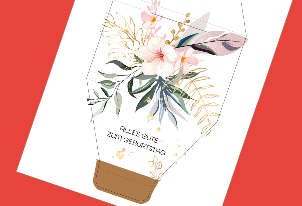 Unser Bastelbogendesign „Elegante Geburtstagsgrüße“ im zarten Rosa, kräftigem Türkis-Grün und goldenen Akzenten passt für jedes Alter. Jetzt Schokolade stilvoll verpacken.