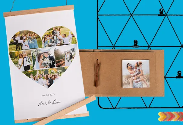 Ein Poster mit einer romantischen Hochzeitscollage in Herzform wird stilvoll mit Posterleisten aufgehängt. Daneben ein klassisches Fotoalbum zum Einkleben und eine moderne Fotoaufhängung aus schwarzem Metall für eine kreative Wandgestaltung.