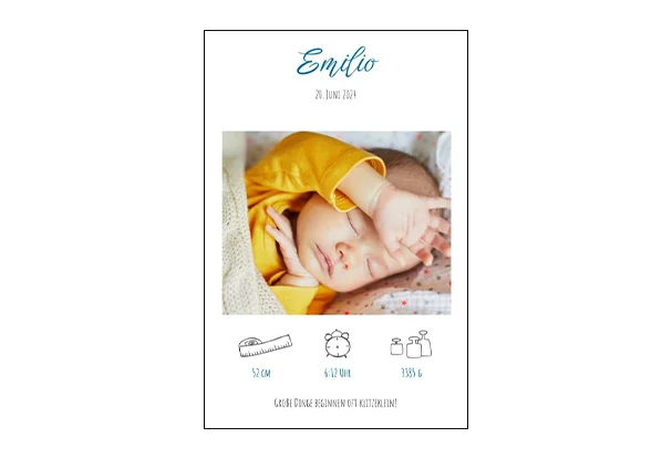 Design „Welcome Baby“ für alle Poster vom eigenen Foto im Hoch- und Querformat, sowie unterschiedlichen Größen. Ein Foto deines Babys mit Namen, Datum und weiteren Infos.