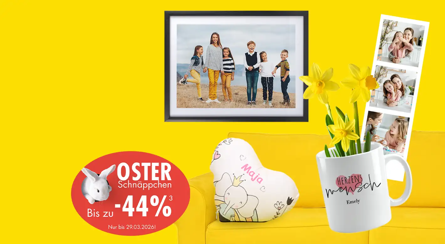 Personalisierte Fotogeschenke wie Fototasse, Fotobilder, Fotokissen und Fotoabzüge als Ostergeschenke Idee – Osteraktion mit bis zu 44 % Rabatt