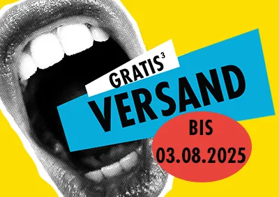 Gratis Versand für dieses Wochenende. Kommuniziert von einem gezeichneten, weit geöffneten Mund in Graustufen vor gelbem Hintergrund.