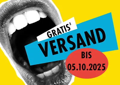 Gratis Versand für dieses Wochenende. Kommuniziert von einem gezeichneten, weit geöffneten Mund in Graustufen vor gelbem Hintergrund.