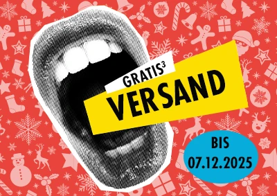 Gratis Versand für dieses Wochenende. Kommuniziert von einem gezeichneten, weit geöffneten Mund in Graustufen vor gelbem Hintergrund.