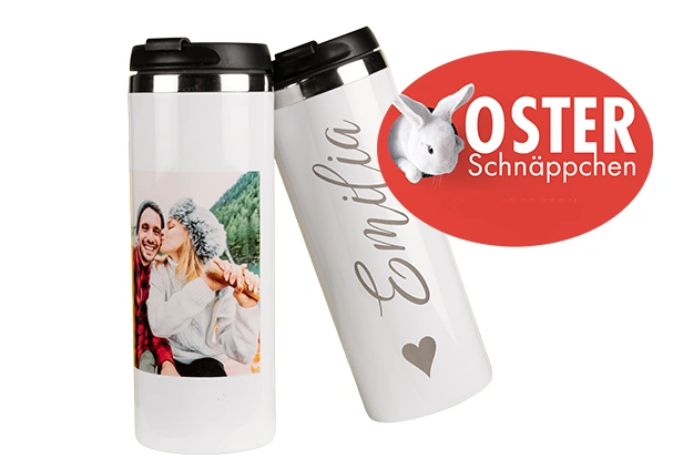 Fotoprodukte Coffee-to-go-Becher im Osterangebot Personalisierte Coffee-to-go-Becher mit Foto und Namen als praktische Fotoprodukte für unterwegs – Oster Schnäppchen