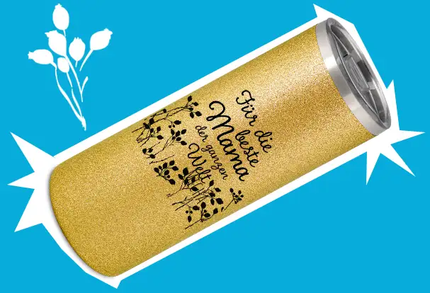 Glamouröser Coffee to go Becher in Gold mit Glitzer und individuellem Namen für königlichen Genuss.
