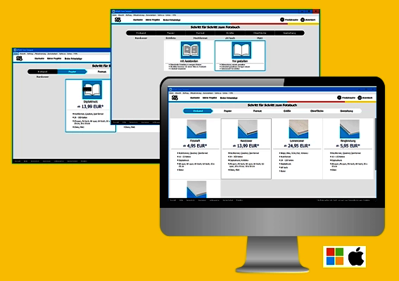 Gestaltungssoftware auf Computerbildschirm zur Erstellung eines Hochzeitsfotobuchs mit Auswahl von Formaten, Preisen und Layoutoptionen