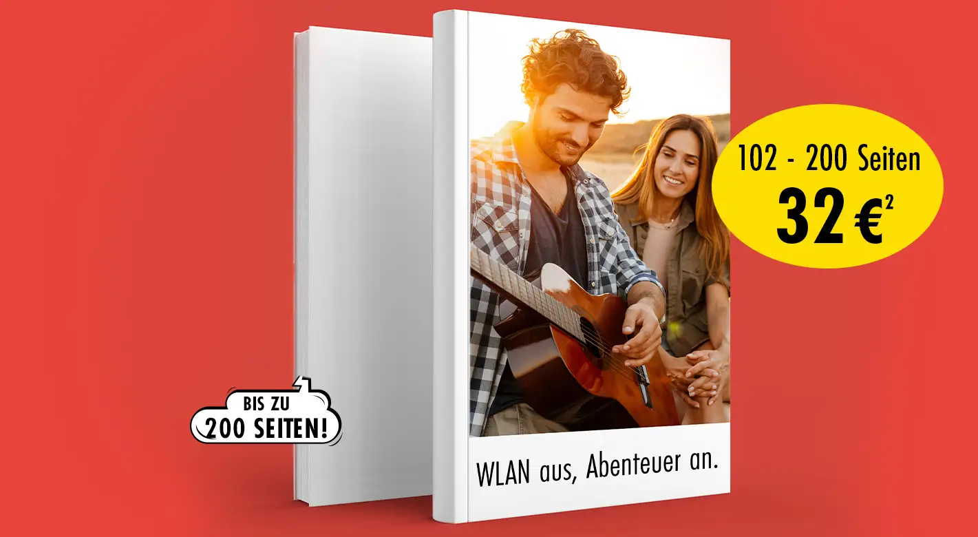 Fotoprodukte in Aktion: Hardcover-Fotobücher mit Urlaubsmotiv - Perfekt für ein Jahrbuch. Daneben Aktionspreise: bis 100 Seiten 16 €², bis 200 Seiten 32 €²