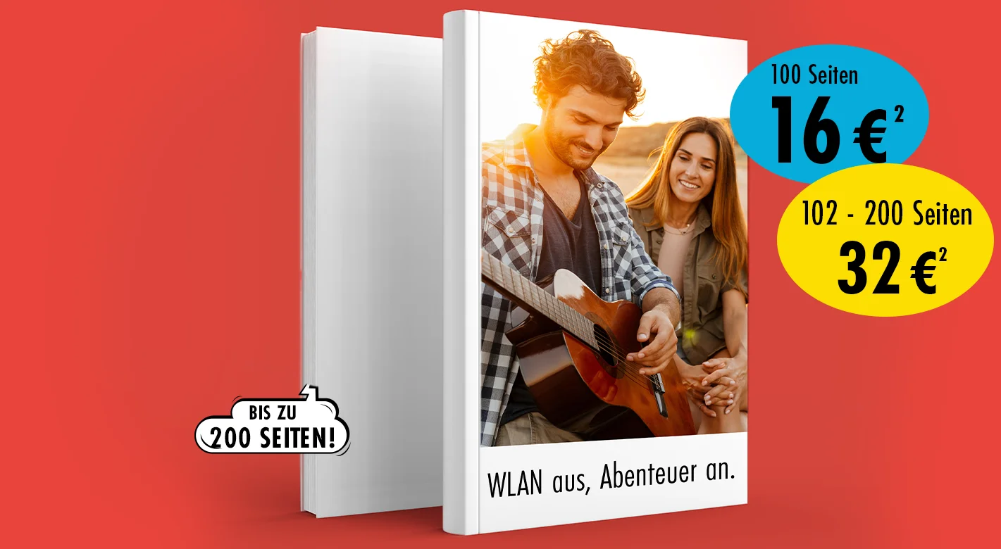 Fotoprodukte in Aktion: Hardcover-Fotobücher mit Urlaubsmotiv - Perfekt für ein Jahrbuch. Daneben Aktionspreise: bis 100 Seiten 16 €², bis 200 Seiten 32 €²