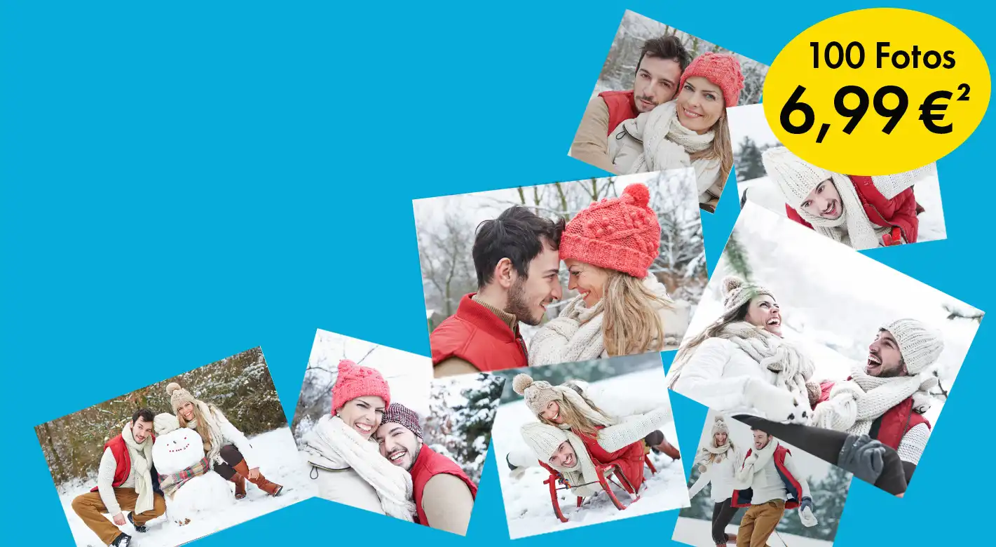 Fotoprodukte von ORWO mit vielen gedruckten Fotos eines glücklichen Paares im Schnee, dargestellt als günstige Fotoaktion mit 100 Fotoabzügen für 6,99 Euro.